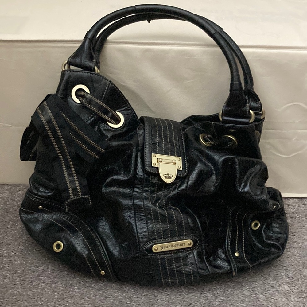 JUICY COUTURE Shoulder Handbag 100% Cowhide Black Distressed Leather Hobo Purse
